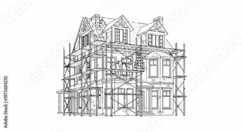 Detailed sketch of a multi-story house under construction, enveloped in scaffolding