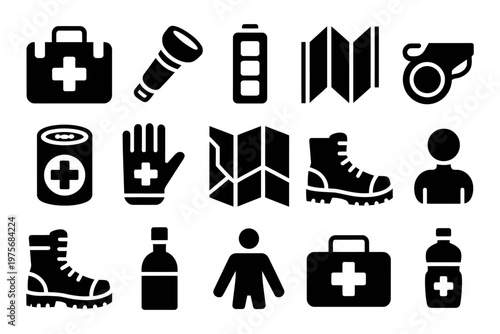 Vector displaying various survival and first aid related icons in