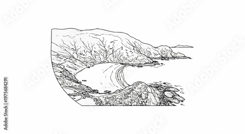 Detailed sketch of a secluded cove with rugged hills, a calm bay, and rocky shores