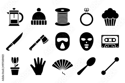 Vector featuring a variety of icons including a coffee press and muffin