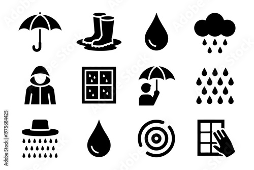 Vector with rain-related icons including umbrella, boots, and raindrops
