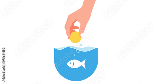Vector fishing, hand dropping coin into water, fish swimming, finance concept, money and fish