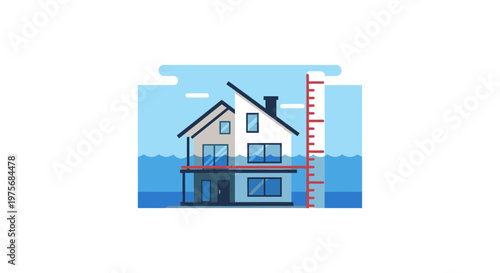 Rising sea levels, flooded house, climate change, vector illustration