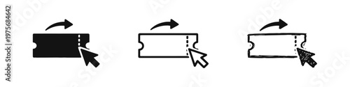 Online Ticket Purchase Icon Set: A ticket with a mouse cursor and arrow, for buying or booking events.