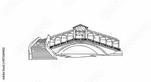 Detailed sketch of an arched bridge with a central pediment and side stairways
