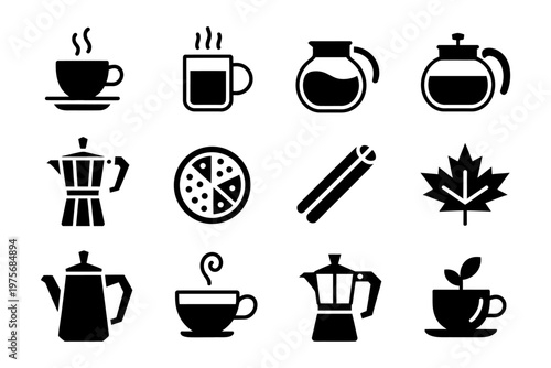 Set of vector icons representing coffee and tea beverages with utensils