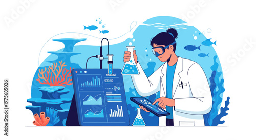 Scientist analyzing ocean data, underwater research, marine biology, infographic elements, blue vector illustration