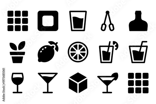 Collection of vector icons representing beverages and drink preparation items