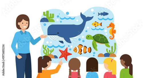 Underwater scene, educational poster, ocean animals, kids illustration, marine life