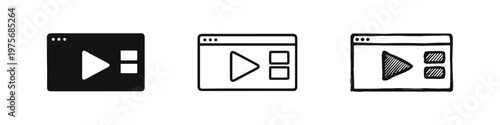 Online Video Player and Streaming Icon Set: Browser window with play button and media controls in three styles.