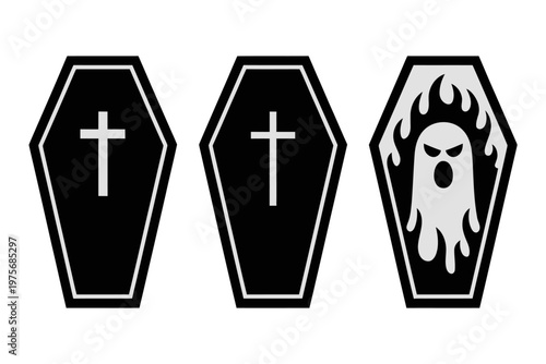 Vector of three black coffins with crosses and a ghost in flames inside one