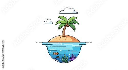 Tropical island, palm tree, underwater ocean scene, colorful fish, coral reef, vector illustration