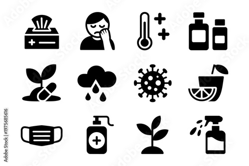 Vector featuring health-related icons including plants, sanitizers, and medicine bottles