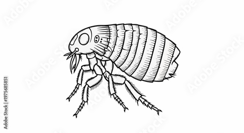 Detailed black and white sketch of a flea with segmented body and legs