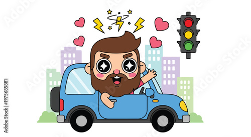 Cute cartoon character driving a small blue car with traffic lights and cityscape in the background
