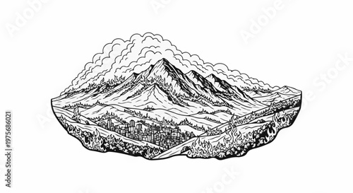 Cross-section of a mountain landscape with a city threatened by wildfire