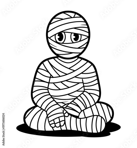 Vector of a cartoon mummy wrapped in bandages sitting on the ground