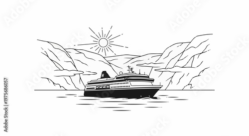 Cruise ship sailing through a scenic fjord under a bright sun