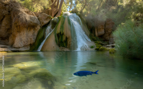 Chantara Waterfalls in the Troodos mountains, A blue fish in the water. Cyprus. waterfall in the park.