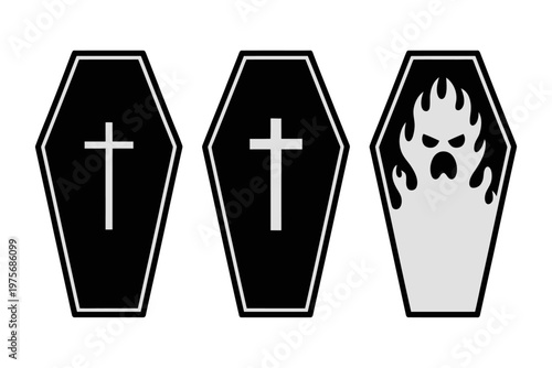 Vector of three coffins with crosses and a ghost