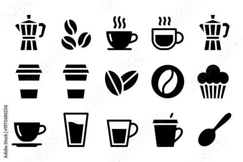 Set of simple vector icons representing various coffee-related items and symbols.