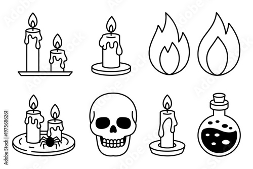 Vector featuring halloween-themed elements including candles, flames, a skull, and a potion bottle