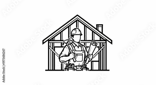Construction worker with tools and plans inside unfinished house frame
