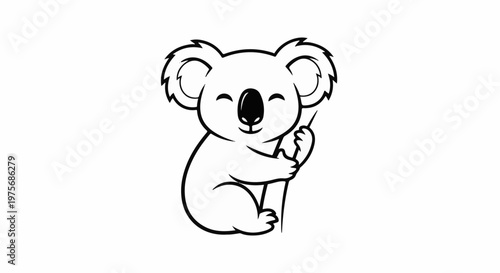 Cute cartoon koala clinging to a branch, black outline on white background