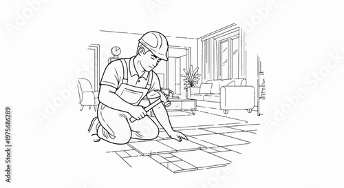 Construction worker kneeling, installing floor tiles with hammer