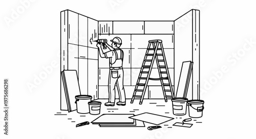 Construction worker installs tile on wall with drill, ladder, buckets, and materials