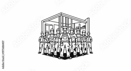 Construction crew stands in front of building framing