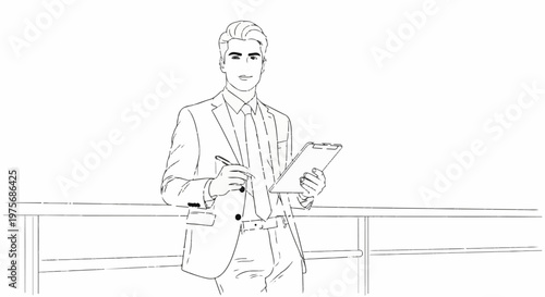 Confident man in suit holding tablet and pen, looking forward