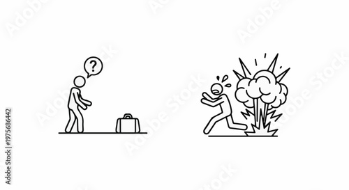 Confused person with briefcase, followed by person running from explosion