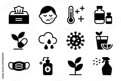 Vector of icons related to illness, health care, and hygiene practices.