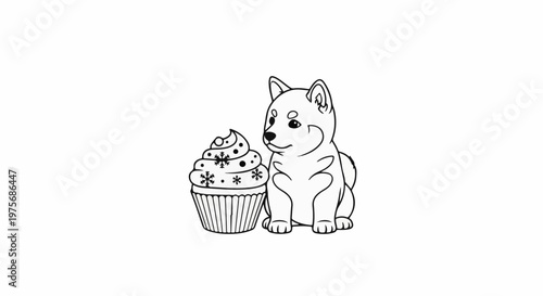Cute cartoon Shiba Inu puppy sits beside a decorated cupcake