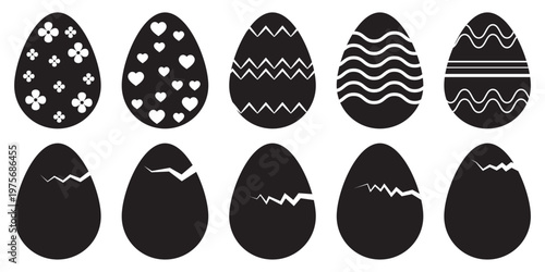 Easter egg icon set in vector silhouette style featuring decorative white patterns for holiday artwork and EPS design templates.
