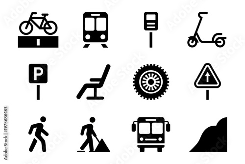 Collection of vector icons representing transportation, road signs, and pedestrian activities