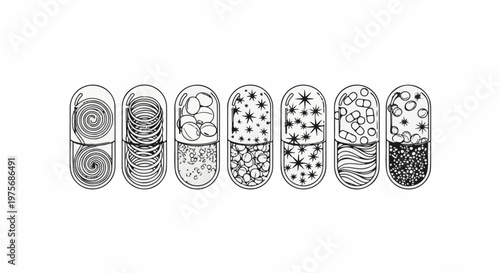 Conceptual medical capsules filled with diverse abstract patterns and tiny objects