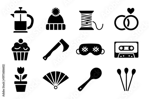 Collection of vector icons depicting various everyday items and tools in a minimalist style