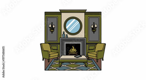 Cozy fireplace with two chairs, a coffee table, a mirror, and wall sconces