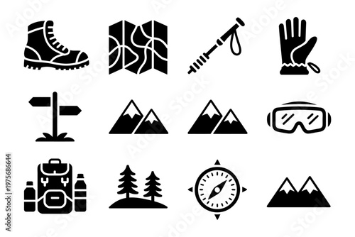Vector graphic illustration of various hiking and outdoor adventure icons in black