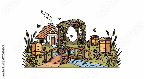 Cozy cottage with garden, bridge, beehives, and buzzing bees