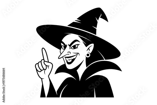 Vector of a smiling witch with a pointing finger in a design