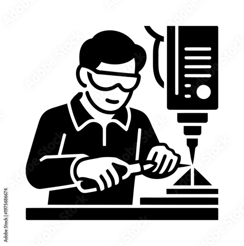 Vector graphic of a man wearing safety goggles working with a drill press in a workshop setting