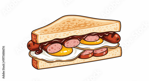 Delicious breakfast sandwich with toast, eggs, sausages and sauce