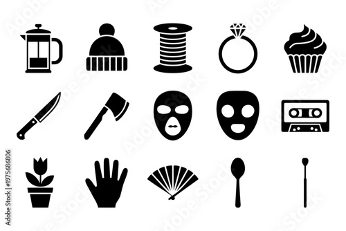 Vector graphic featuring a diverse collection of 15 black icons including objects and symbols