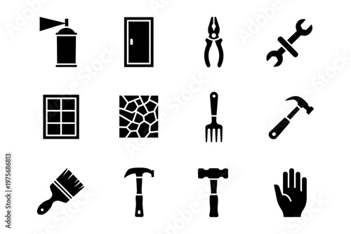 Vector graphic illustration of various tools and objects in black