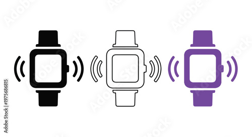 Colorful smartwatches with digital screens and wireless signals in three different colors on a white background