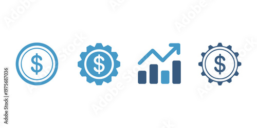 Blue dollar sign coin gear and bar chart on white background currency money finance
