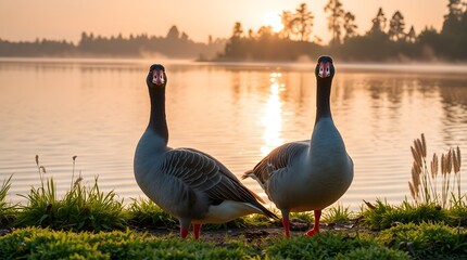 White swan goose on grass field

